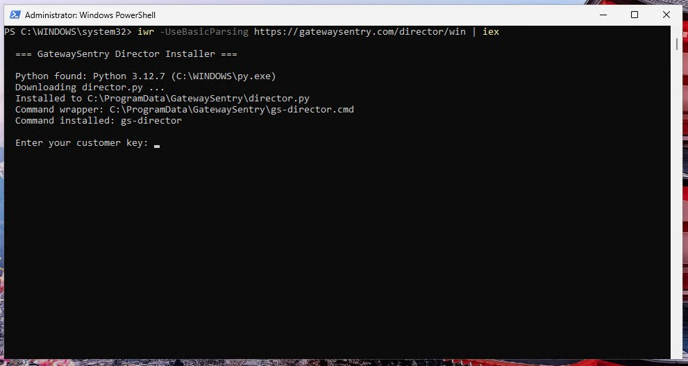 Installer running and prompting for the Customer Key